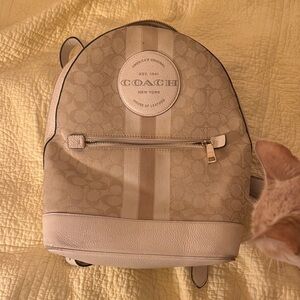 Coach Tan Signature Stripe Backpack with Leather Trim